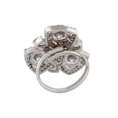 Estele Rhodium Plated CZ Adjustable Sparkling Floret Designer Finger Ring for Women