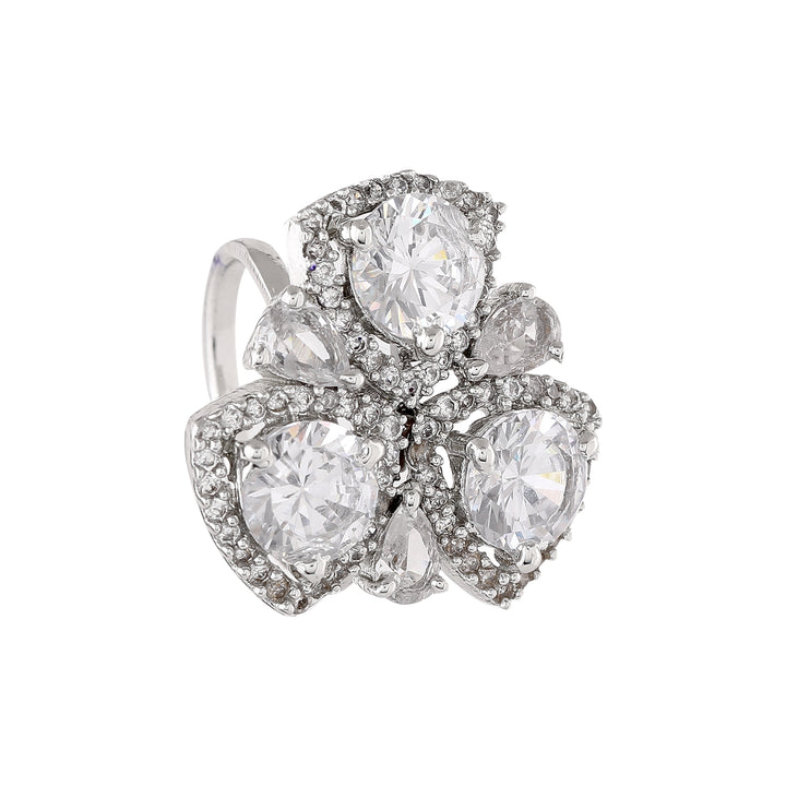 Estele Rhodium Plated CZ Adjustable Sparkling Floret Designer Finger Ring for Women