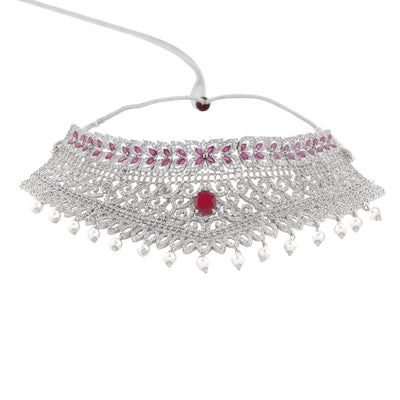 Estele Rhodium Plated CZ Dazzling Diva Choker Necklace Set for Women