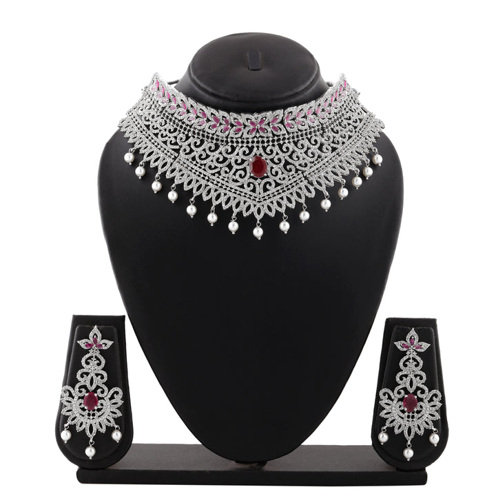 Estele Rhodium Plated CZ Dazzling Diva Choker Necklace Set for Women