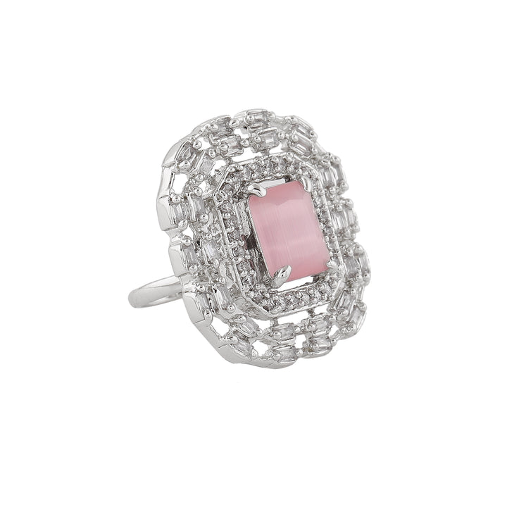 Estele Rhodium Plated CZ Adjustable Mint Pink Finger Ring for Women