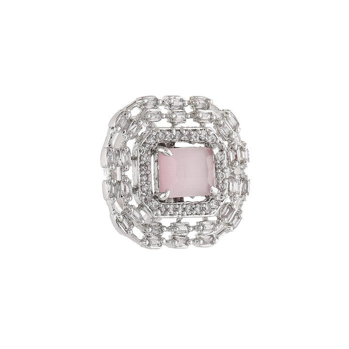 Estele Rhodium Plated CZ Adjustable Mint Pink Finger Ring for Women