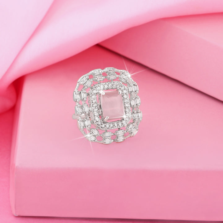 Estele Rhodium Plated CZ Adjustable Mint Pink Finger Ring for Women