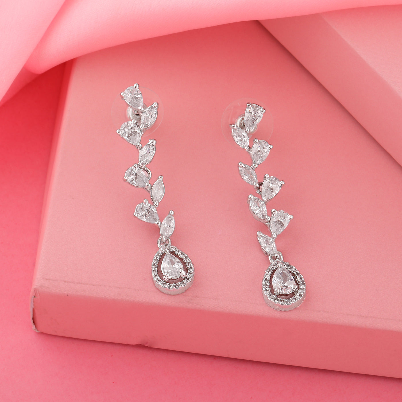 Estele Rhodium Plated CZ Pear and Marquise Earrings for Women