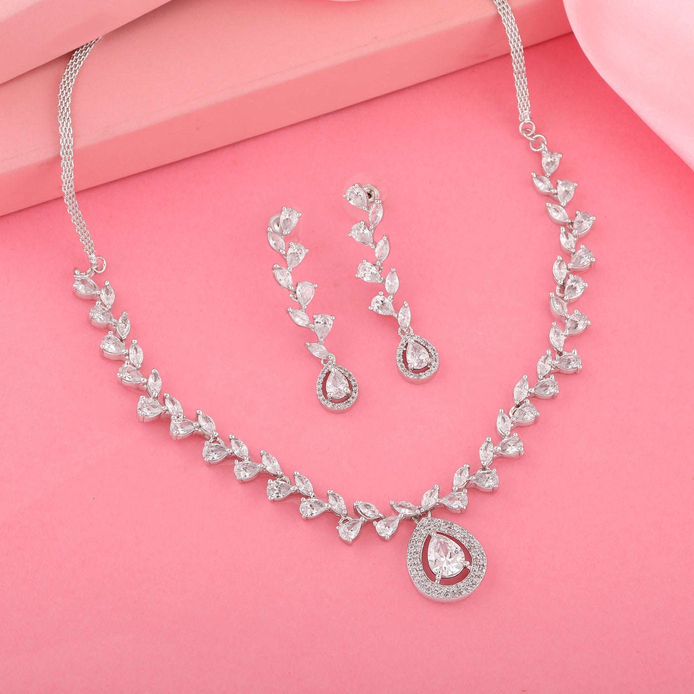 Estele Rhodium Plated CZ Pear and Marquise Necklace Set for Women