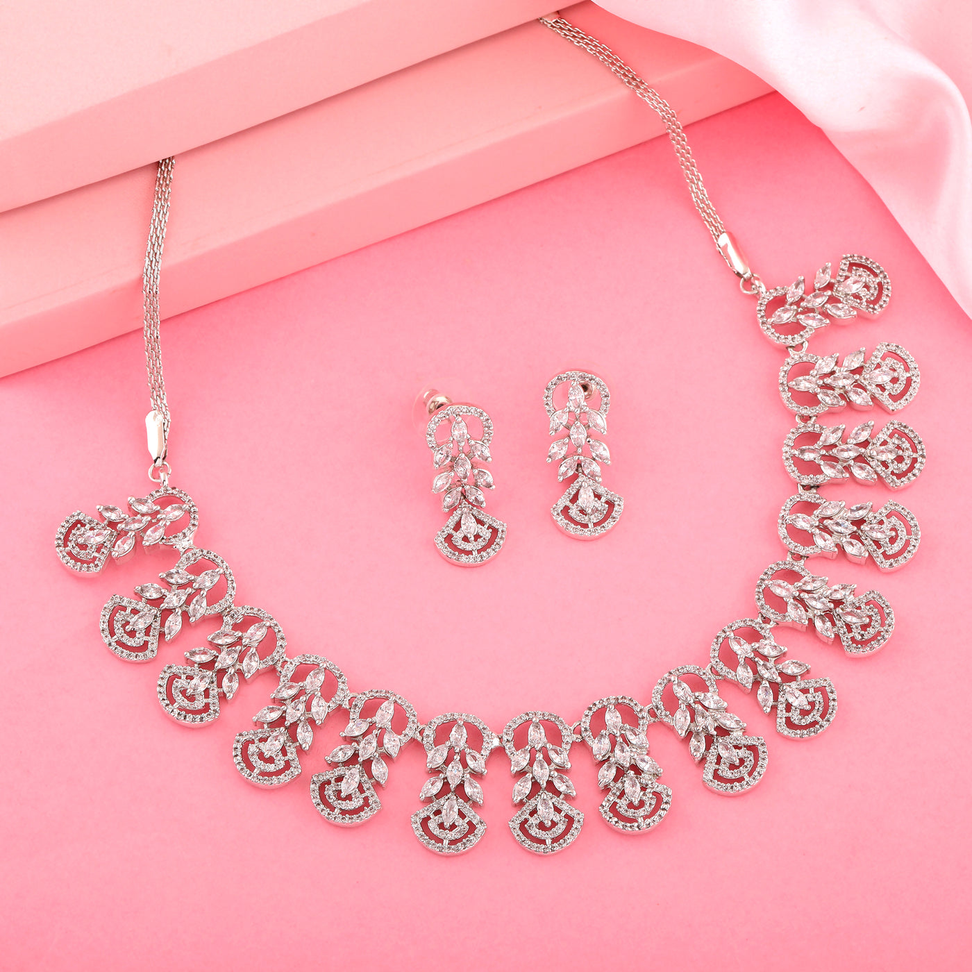 Estele Rhodium Plated CZ Marquise Melody Necklace Set for Women