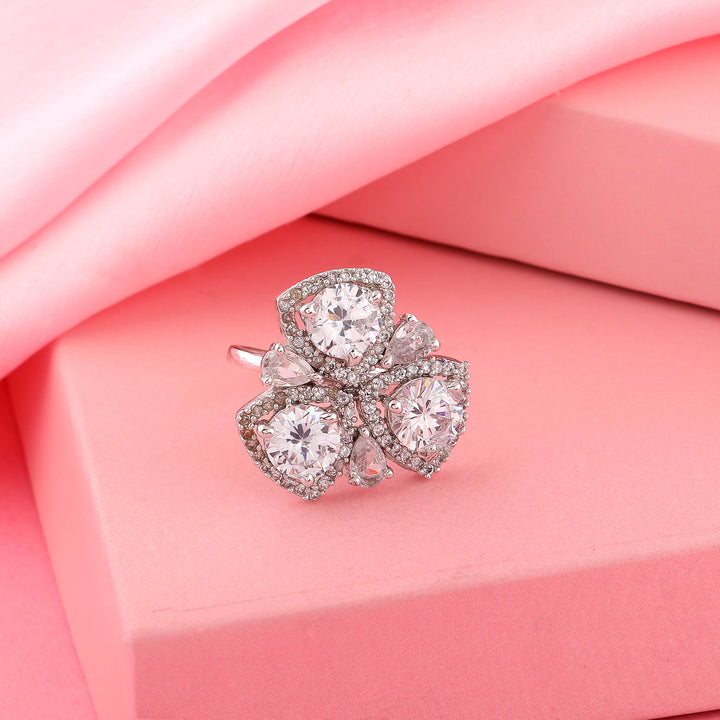 Estele Rhodium Plated CZ Adjustable Sparkling Floret Designer Finger Ring for Women