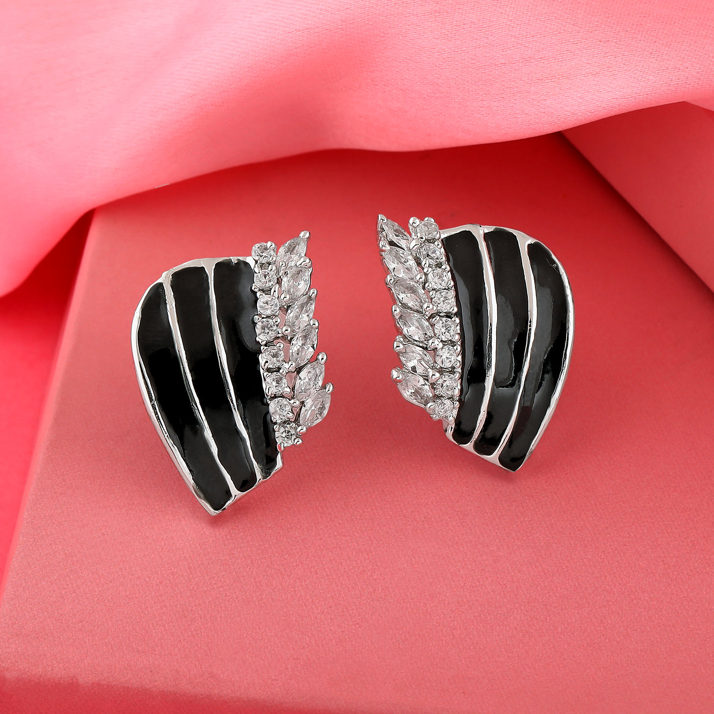 Estele Rhodium Plated CZ Leaf Design with Black Enamel Earrings For Women