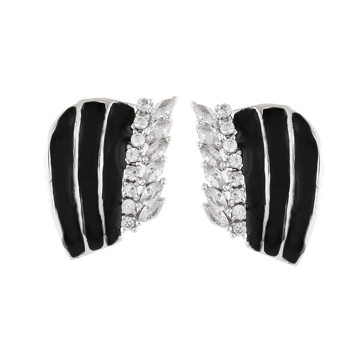 Estele Rhodium Plated CZ Leaf Design with Black Enamel Earrings For Women