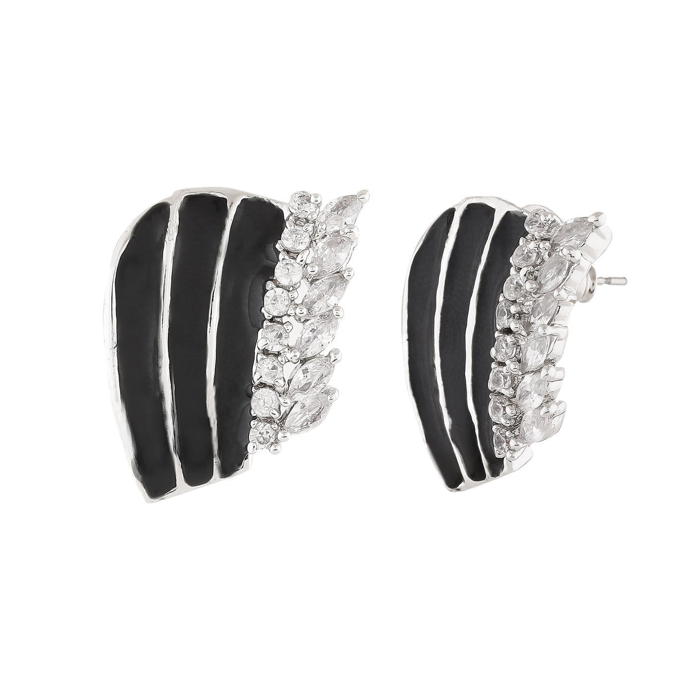 Estele Rhodium Plated CZ Leaf Design with Black Enamel Earrings For Women