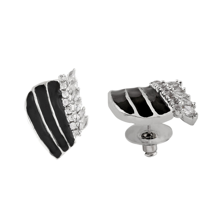 Estele Rhodium Plated CZ Leaf Design with Black Enamel Earrings For Women