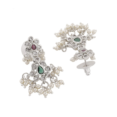 Estele Rhodium Plated CZ Scintillating Flower Designer Earrings With Pearls For Women