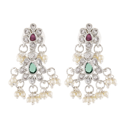 Estele Rhodium Plated CZ Scintillating Flower Designer Earrings With Pearls For Women