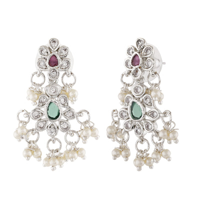 Estele Rhodium Plated CZ Scintillating Flower Designer Earrings With Pearls For Women