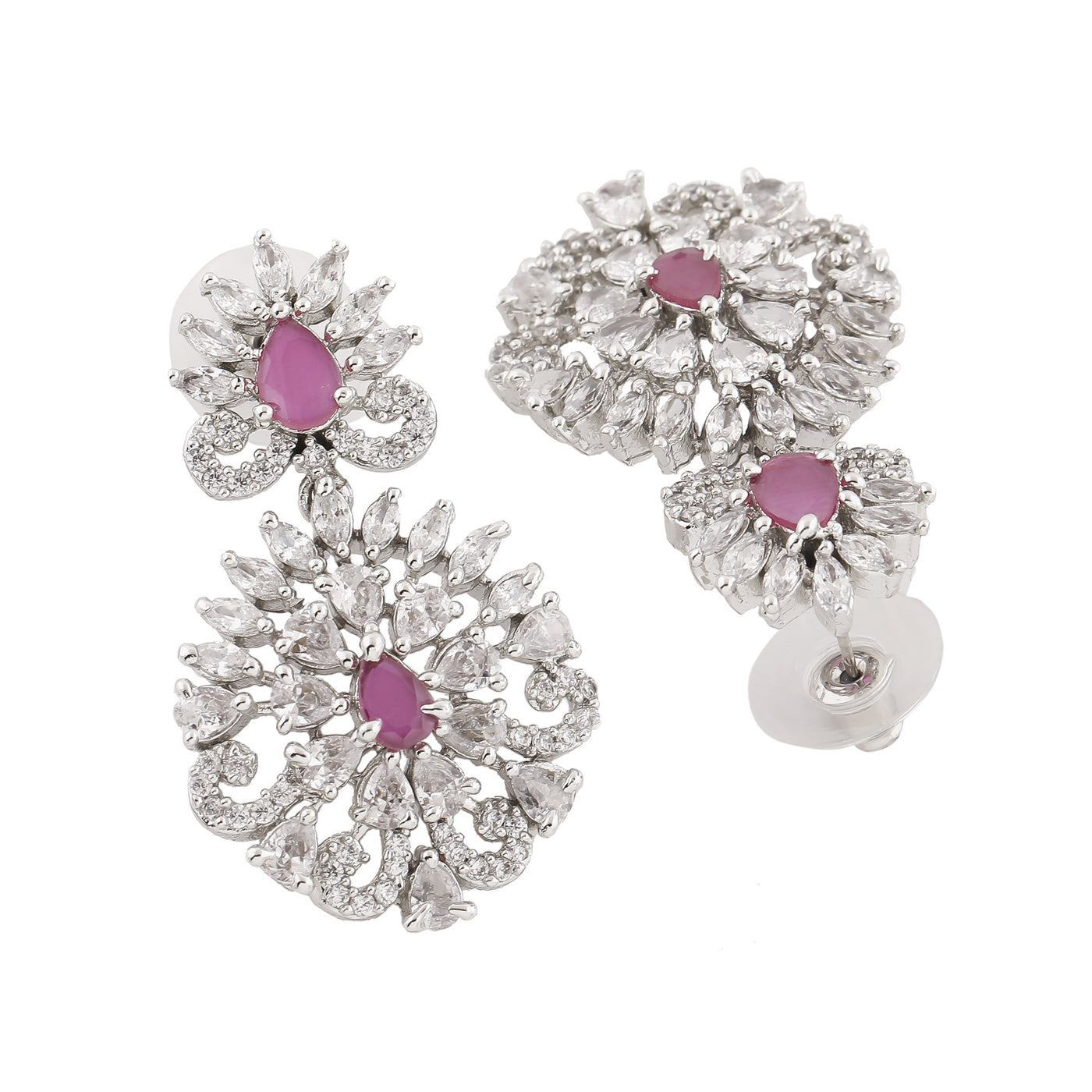 Estele Rhodium Plated CZ Radiance Flower Designer Earrings With Pink Crystals For Women