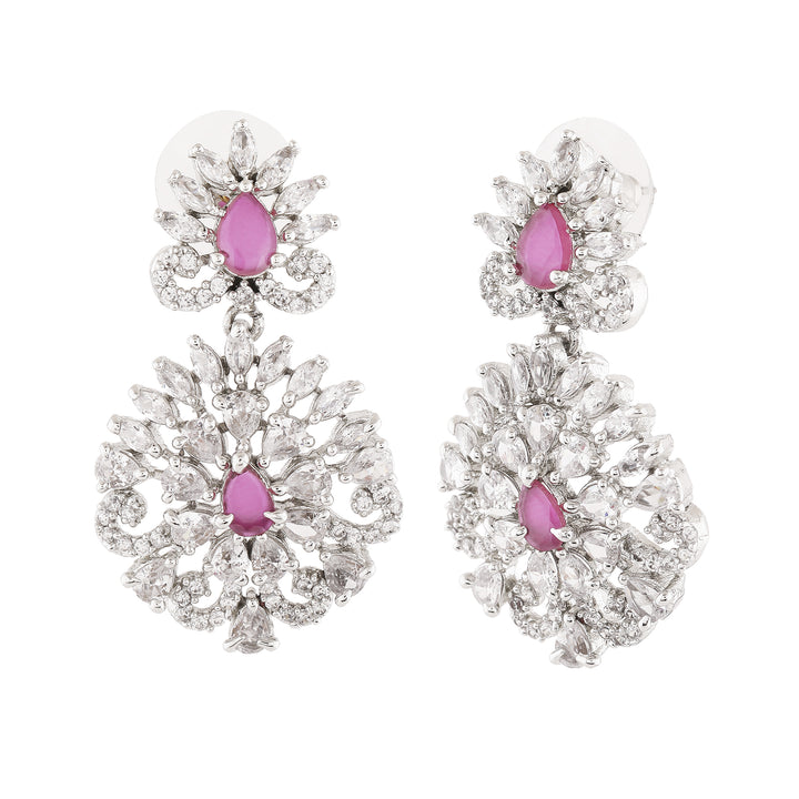 Estele Rhodium Plated CZ Radiance Flower Designer Earrings With Pink Crystals For Women