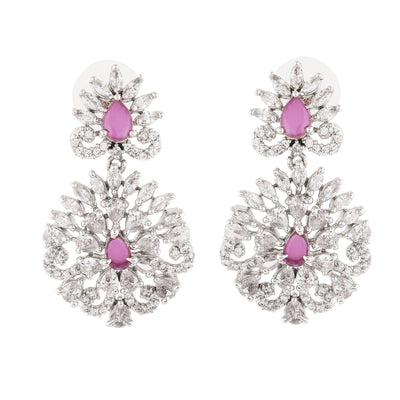 Estele Rhodium Plated CZ Radiance Flower Designer Earrings With Pink Crystals For Women