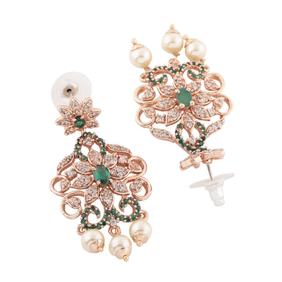 Estele Rose Gold Plated CZ Enchanting Drop Earrings with Pearl & Green Crystals for Women