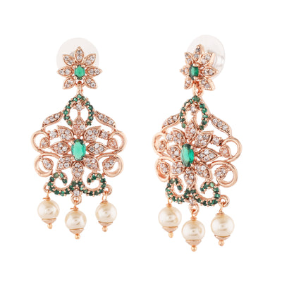 Estele Rose Gold Plated CZ Enchanting Drop Earrings with Pearl & Green Crystals for Women
