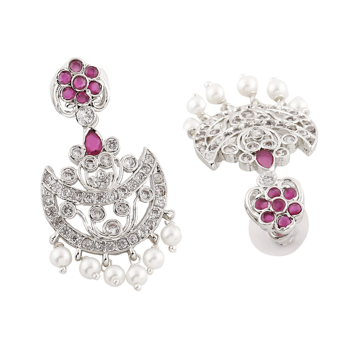 Estele Rhodium Plated CZ Gorgeous Flower Designer Earrings with Pearls for Women