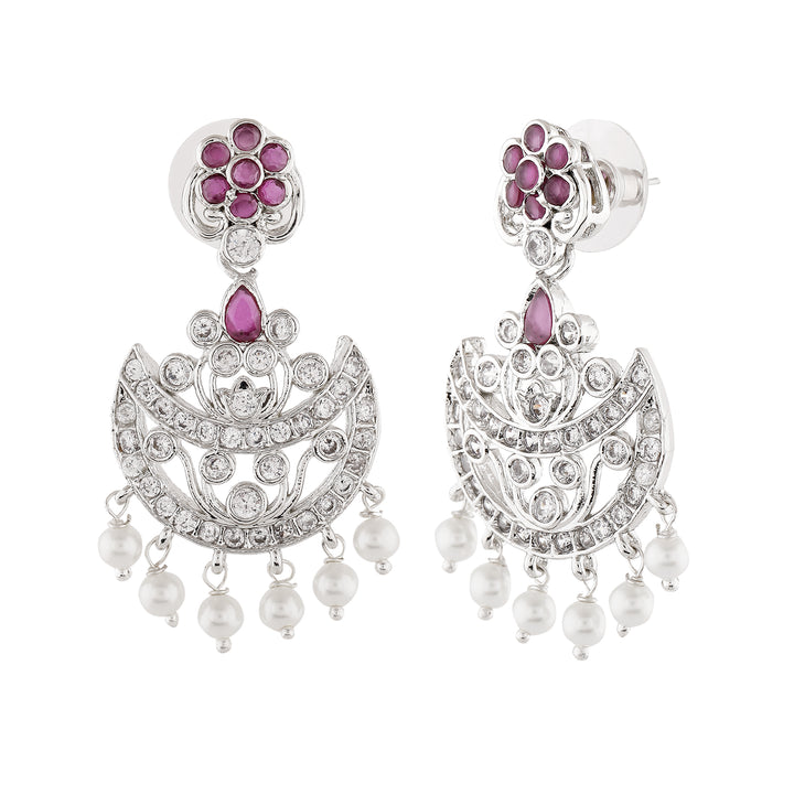 Estele Rhodium Plated CZ Gorgeous Flower Designer Earrings with Pearls for Women