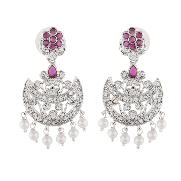 Estele Rhodium Plated CZ Gorgeous Flower Designer Earrings with Pearls for Women