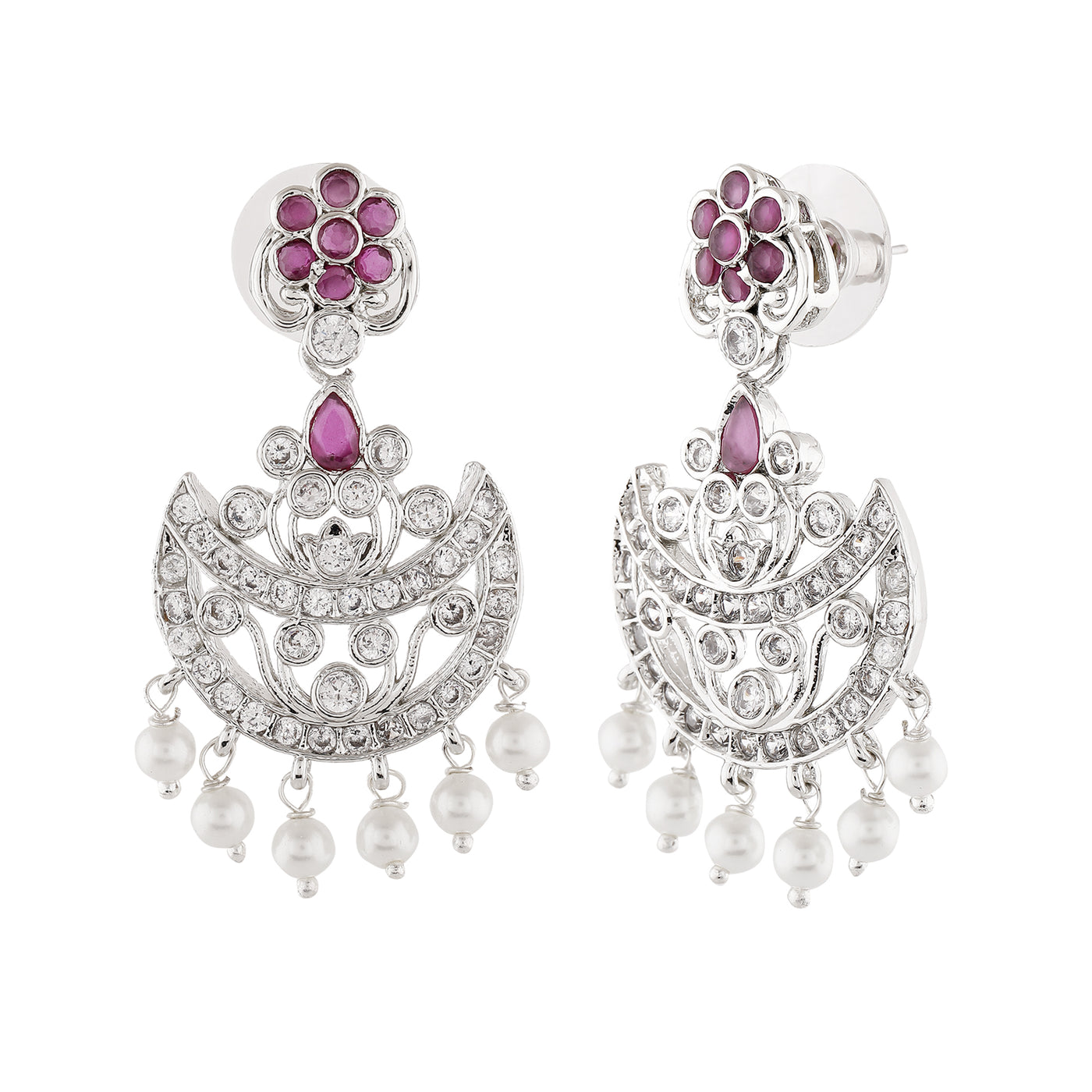 Estele Rhodium Plated CZ Gorgeous Flower Designer Earrings with Pearls for Women