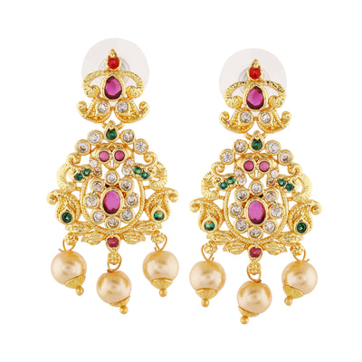 Estele Gold Plated CZ Enchanting Bridal Earrings with Pearl & Multi Color Stones for Women