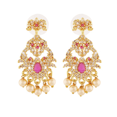 Estele Gold Plated CZ Mayuri Designer Bridal Earrings with Pearls for Women
