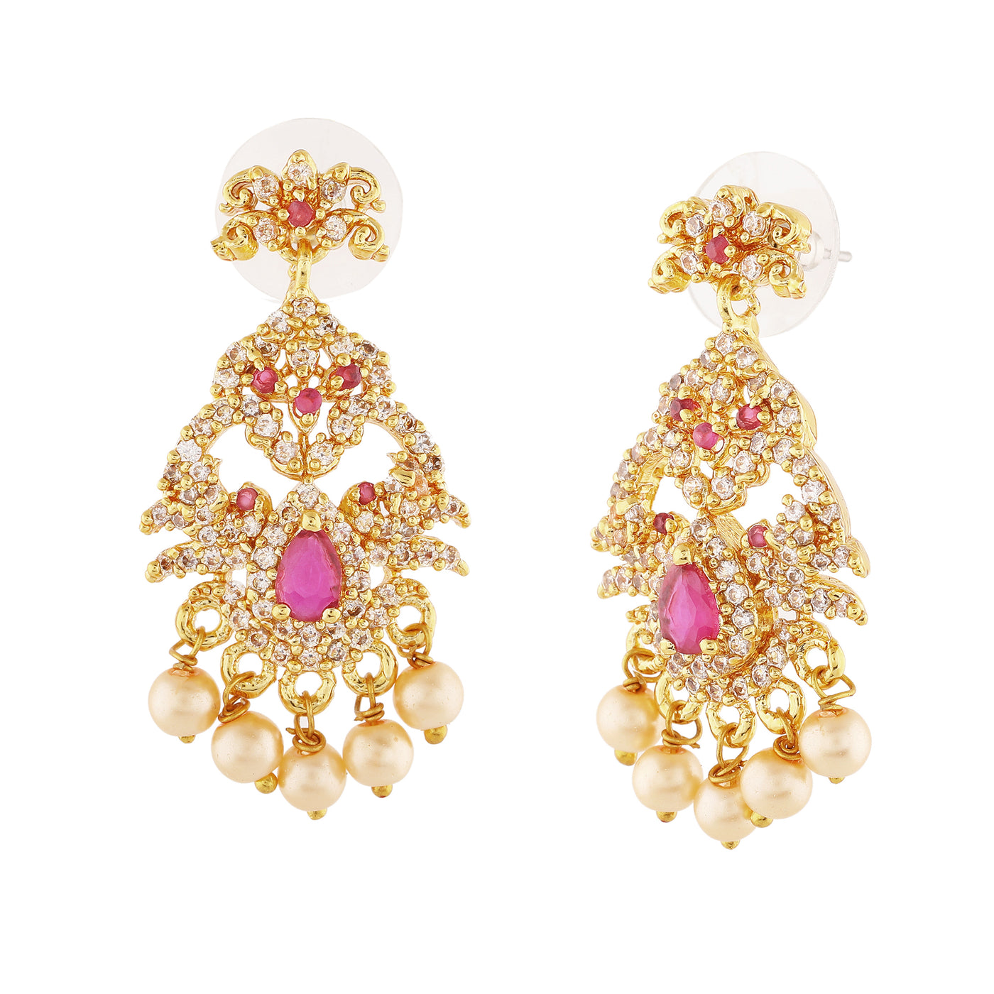 Estele Gold Plated CZ Mayuri Designer Bridal Earrings with Pearls for Women