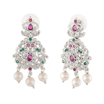 Estele Rhodium Plated CZ Enchanting Bridal Earrings with Pearl & Multi Color Stones for Women