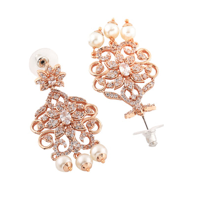 Estele Rose Gold Plated CZ Charming Drop Earrings with Pearl & White Crystals for Women