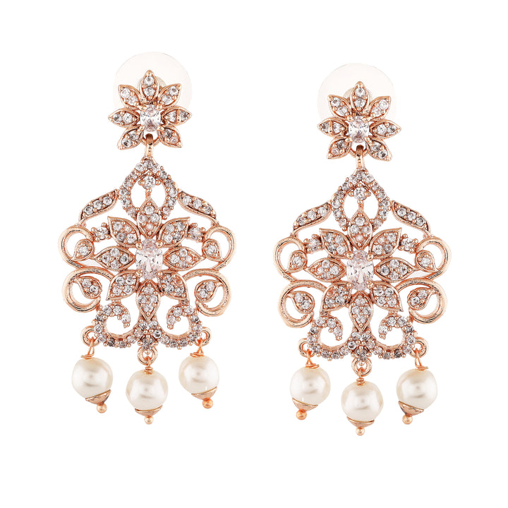 Estele Rose Gold Plated CZ Charming Drop Earrings with Pearl & White Crystals for Women