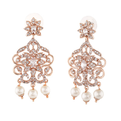 Estele Rose Gold Plated CZ Charming Drop Earrings with Pearl & White Crystals for Women