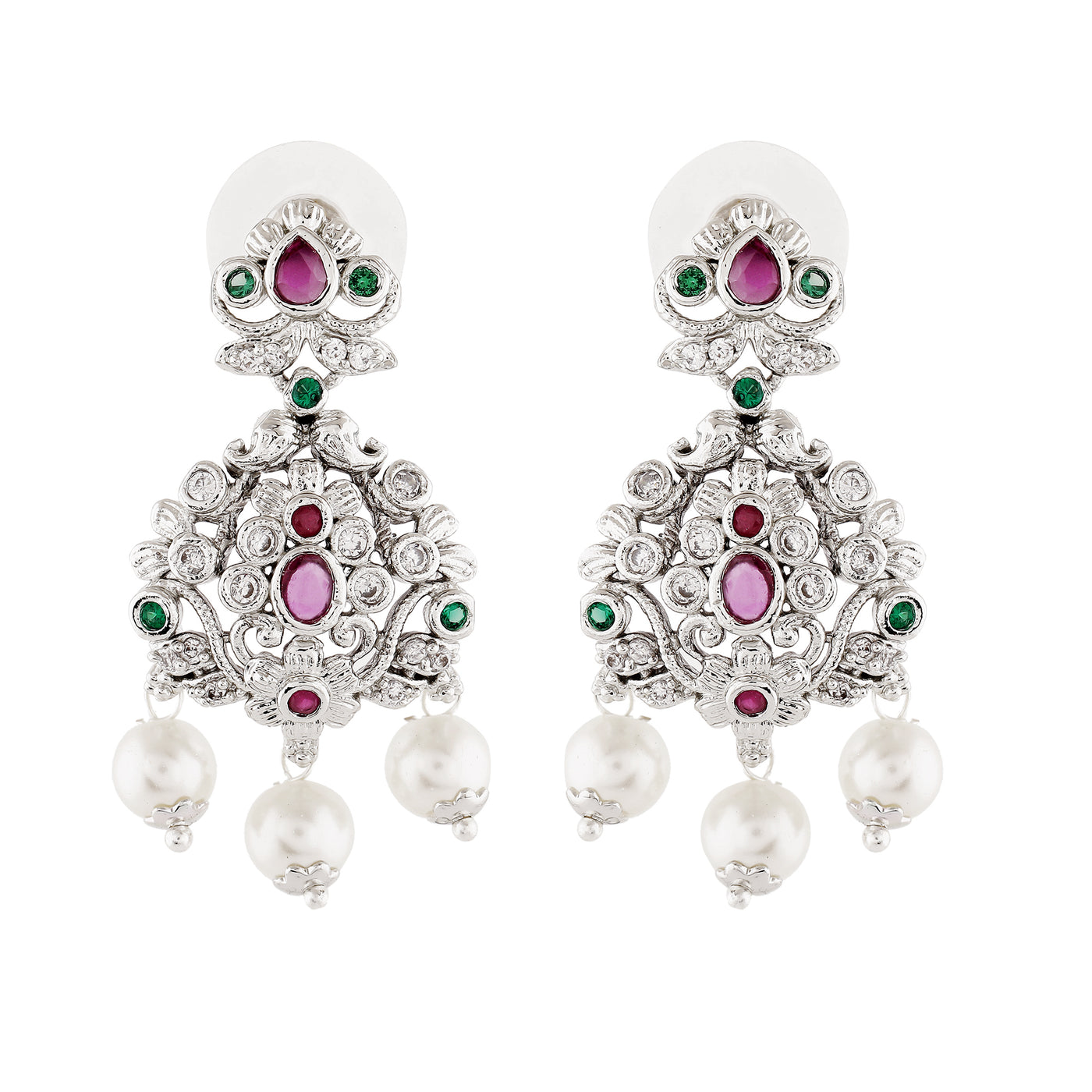 Estele Rhodium Plated CZ Traditional Glory Bridal Earrings with Pearls for Women
