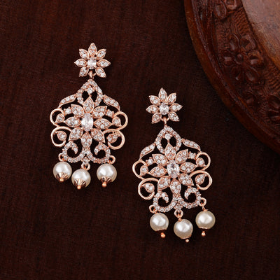 Estele Rose Gold Plated CZ Charming Drop Earrings with Pearl & White Crystals for Women