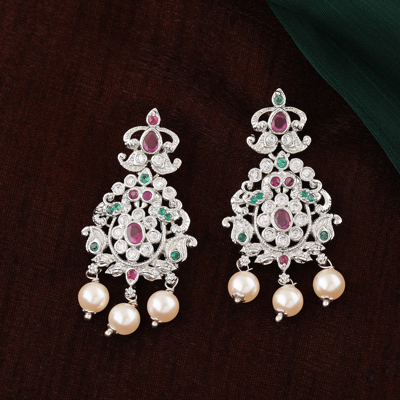 Estele Rhodium Plated CZ Enchanting Bridal Earrings with Pearl & Multi Color Stones for Women