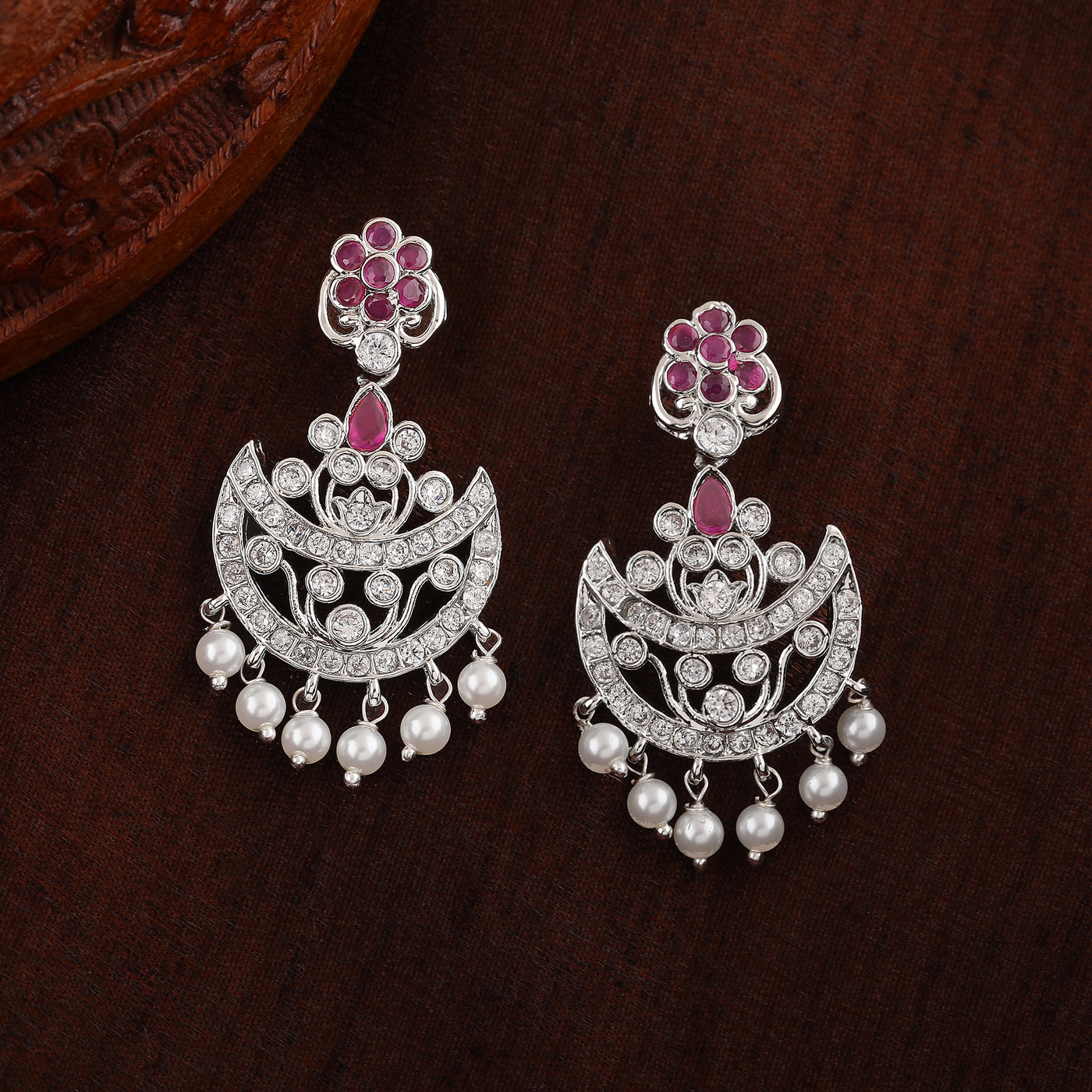 Estele Rhodium Plated CZ Gorgeous Flower Designer Earrings with Pearls for Women