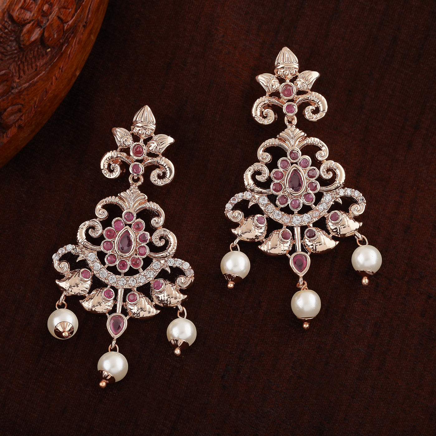 Estele Rose Gold Plated CZ Swirling Symphony Earrings With Pearl & Ruby Crystals For Women