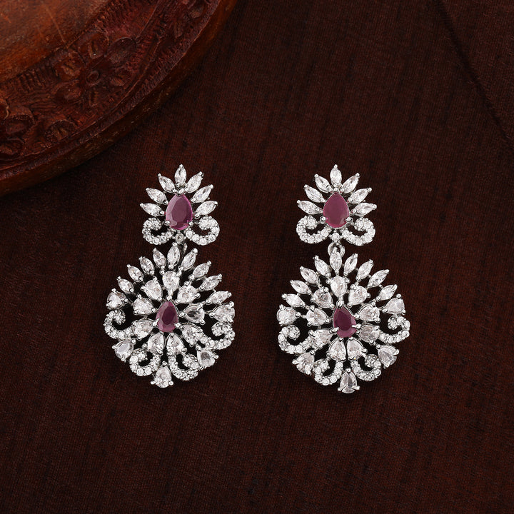 Estele Rhodium Plated CZ Radiance Flower Designer Earrings With Pink Crystals For Women