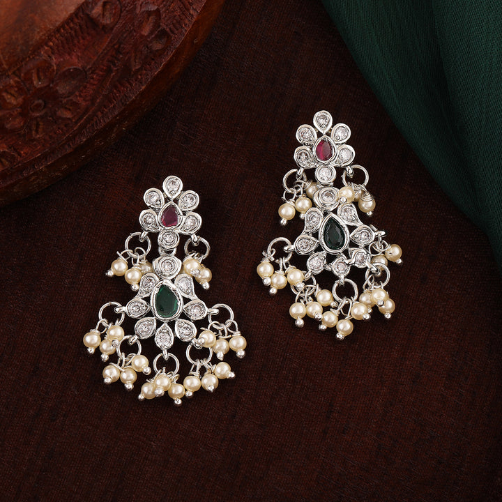 Estele Rhodium Plated CZ Scintillating Flower Designer Earrings With Pearls For Women