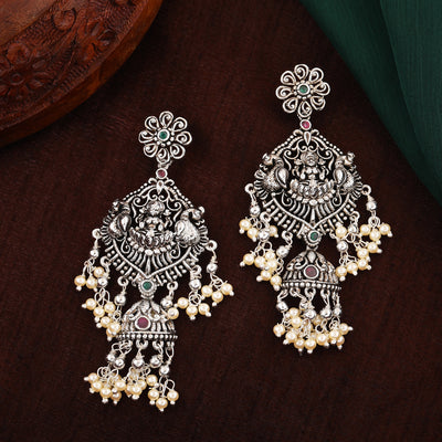 Estele Rhodium Plated CZ Traditional Lakshmi Devi Designer Earrings for Women