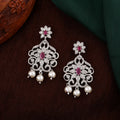 Estele Rhodium Plated CZ Fascinating Drop Earrings With Pearl & Pink Crystals For Women