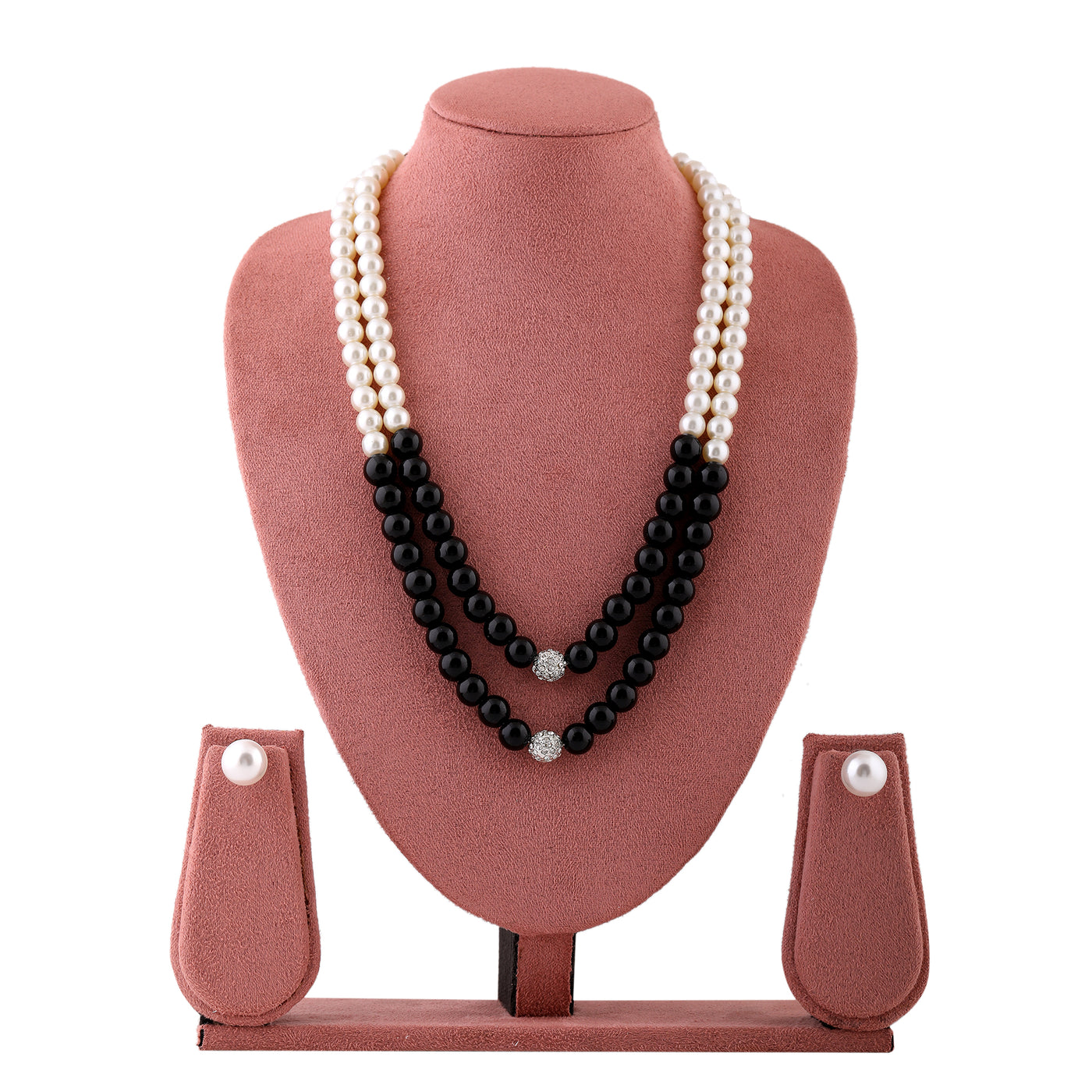 Estele Rhodium Plated Classic Double Line Pearl Necklace Set for Women