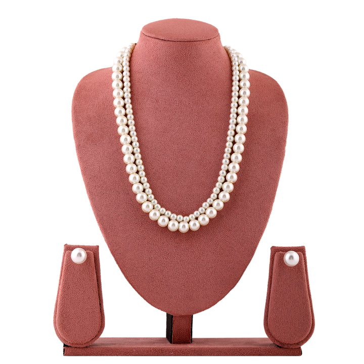Estele Rhodium Plated Stunning Double Line Pearl Necklace Set for Women