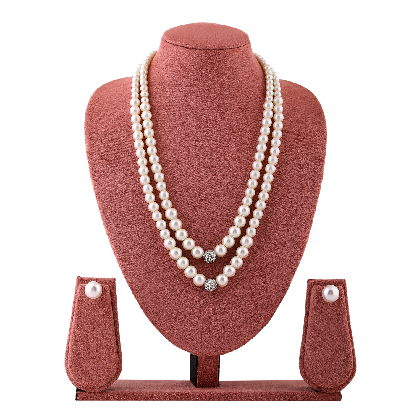 Estele Rhodium Plated Glittering Double Line Pearl Necklace Set for Women