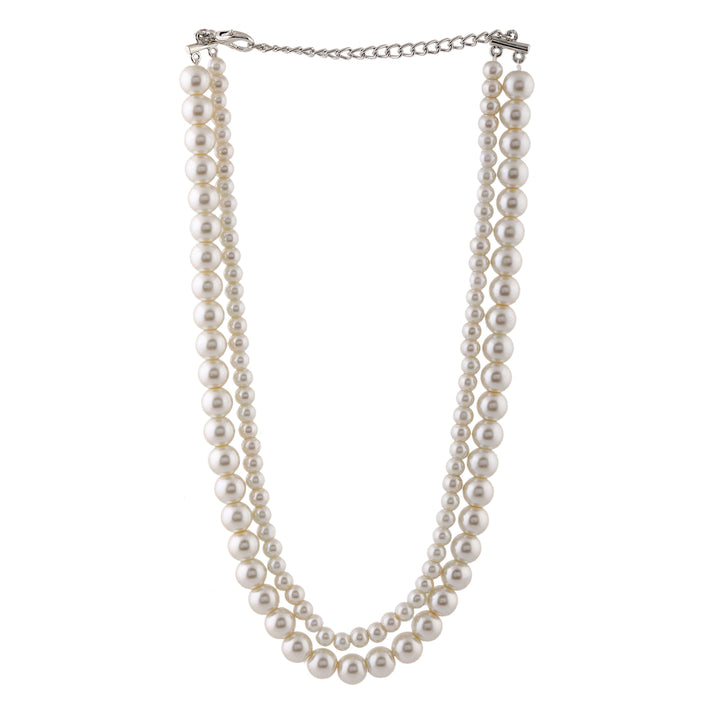 Estele Rhodium Plated Stunning Double Line Pearl Necklace Set for Women