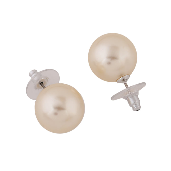 Estele Rhodium Plated Sparkling Cream Pearl Stud Earrings for Women