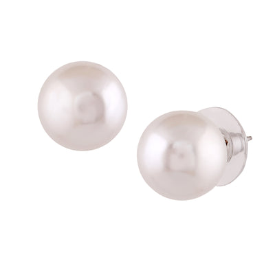 Estele Rhodium Plated Charming White Pearl Stud Earrings for Women