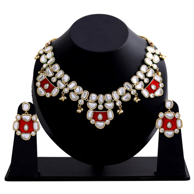 Traditional Gold tone Designer Red Enamel Kundan Necklace set